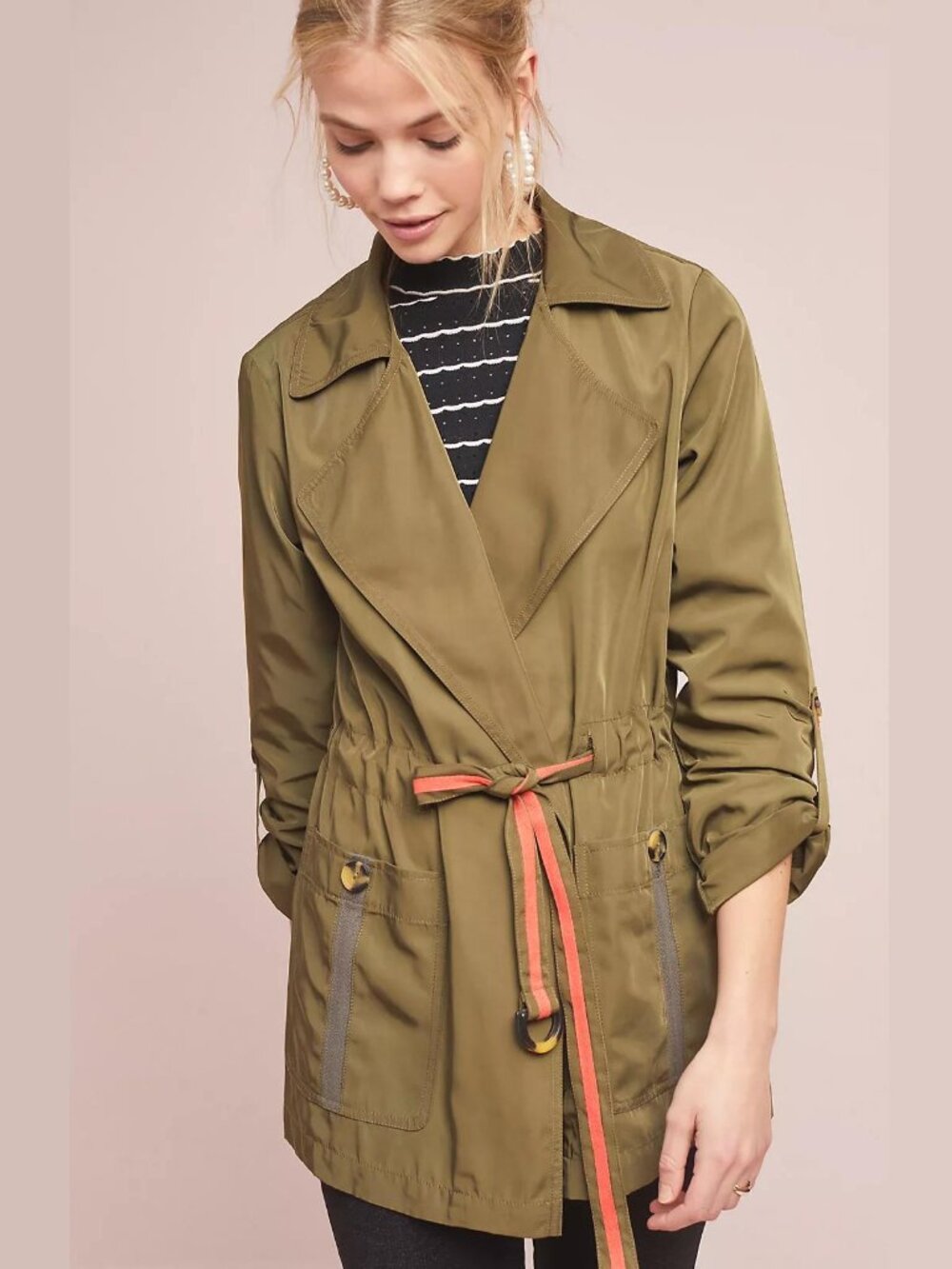 Anthropologie Gisborne Anorak olive green roll-tab sleeve belted jacket travel M